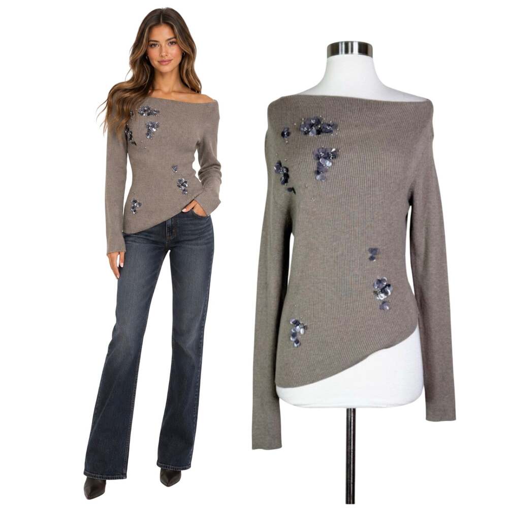 Commense | Floral Sequin Embellished Taupe Off Shoulder Asymmetric Sweater Large